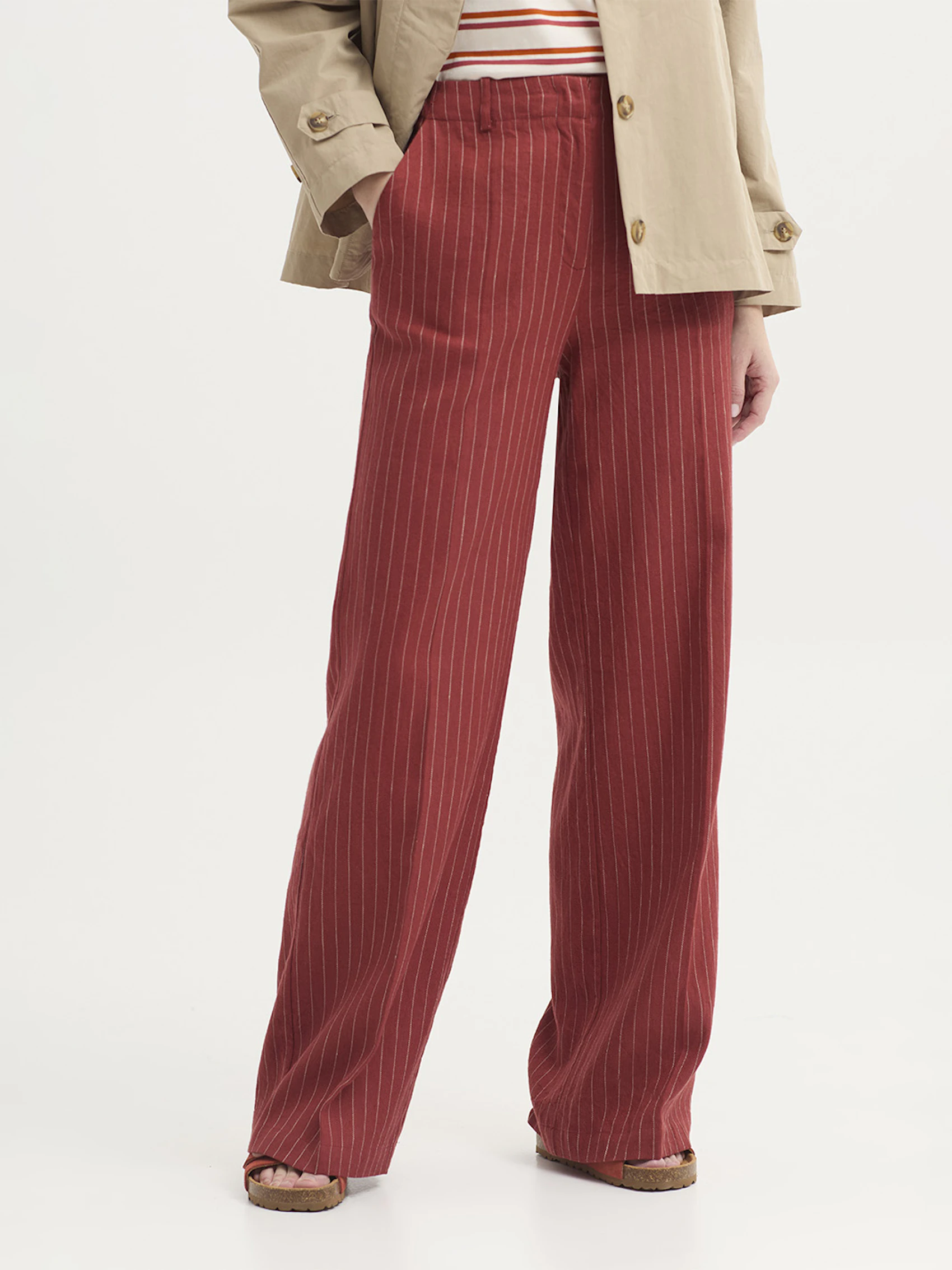 Pantaloni gessati in lino e cotone