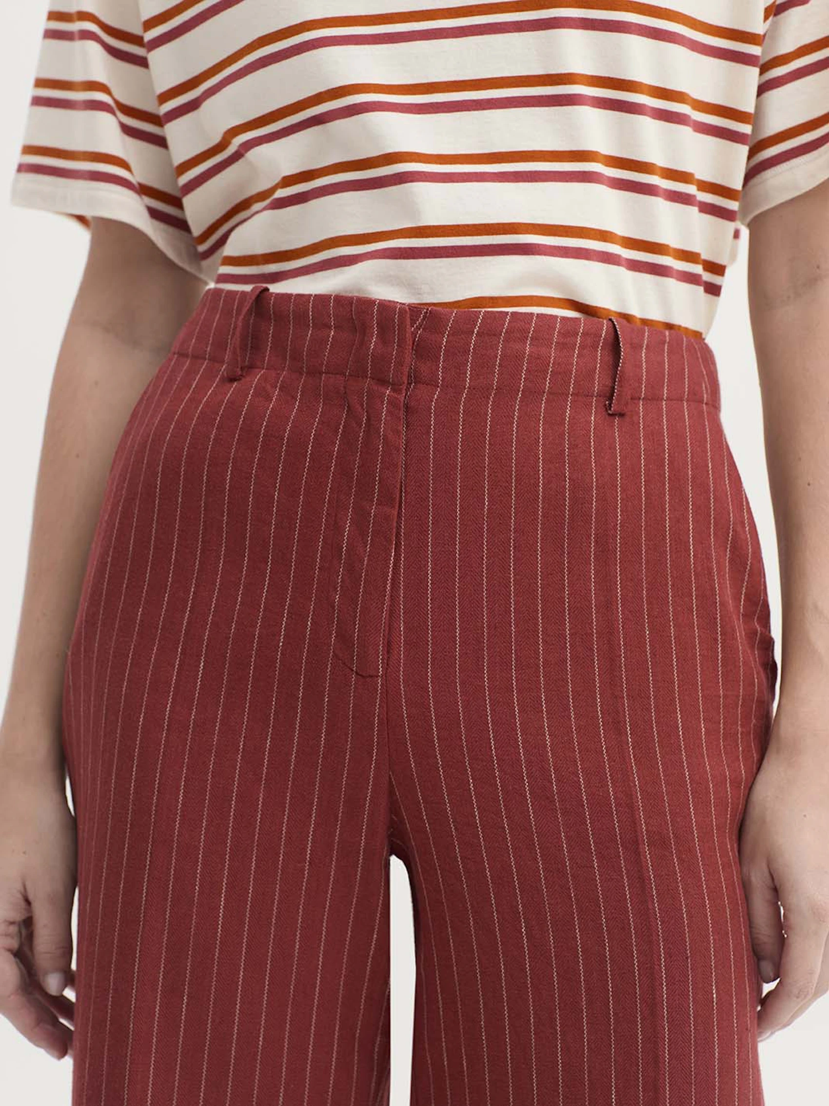 Pantaloni gessati in lino e cotone
