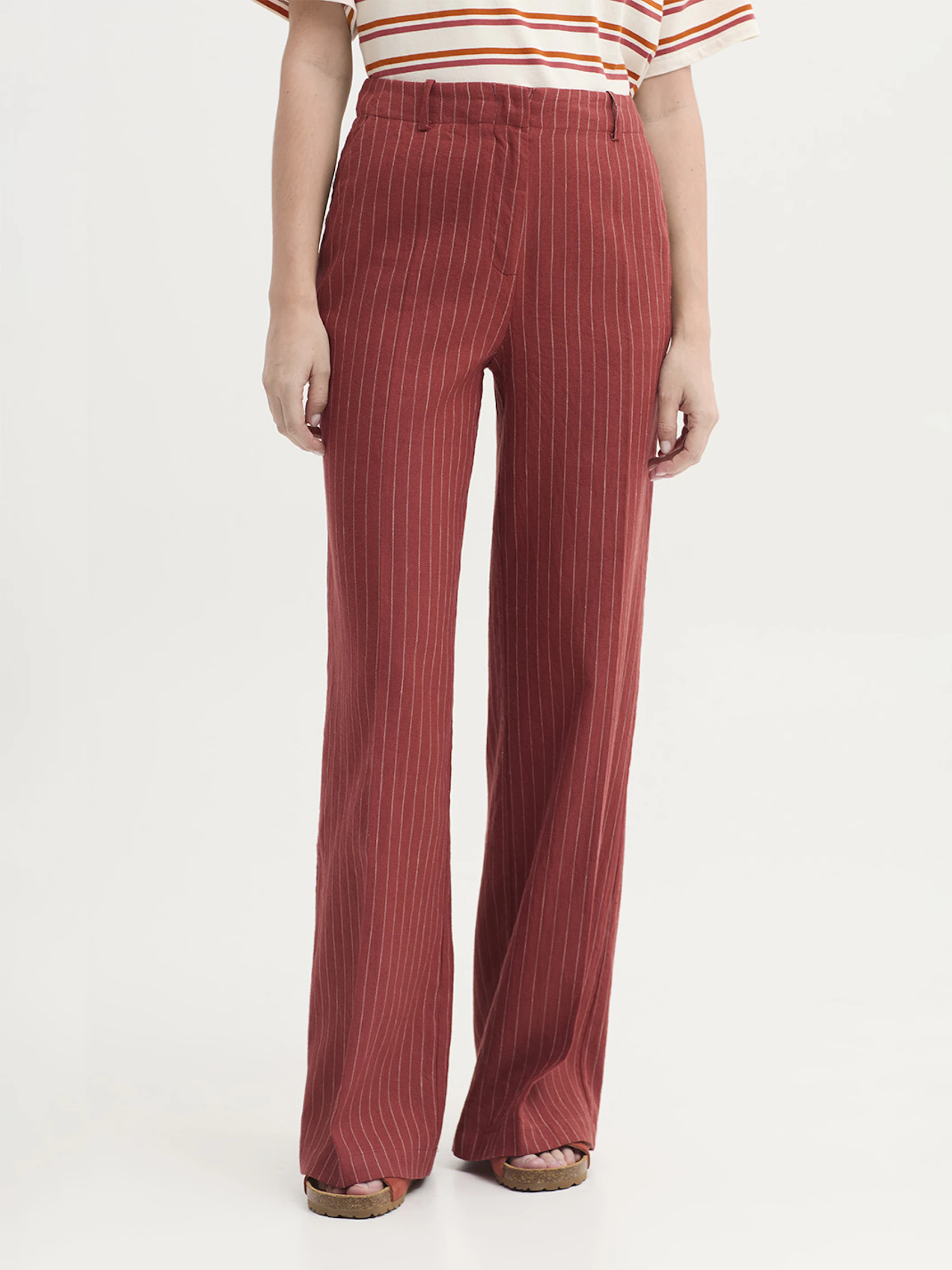 Pantaloni gessati in lino e cotone