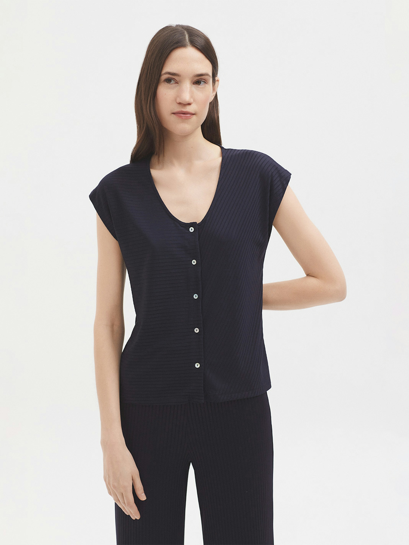 Button front mixed rib top 0