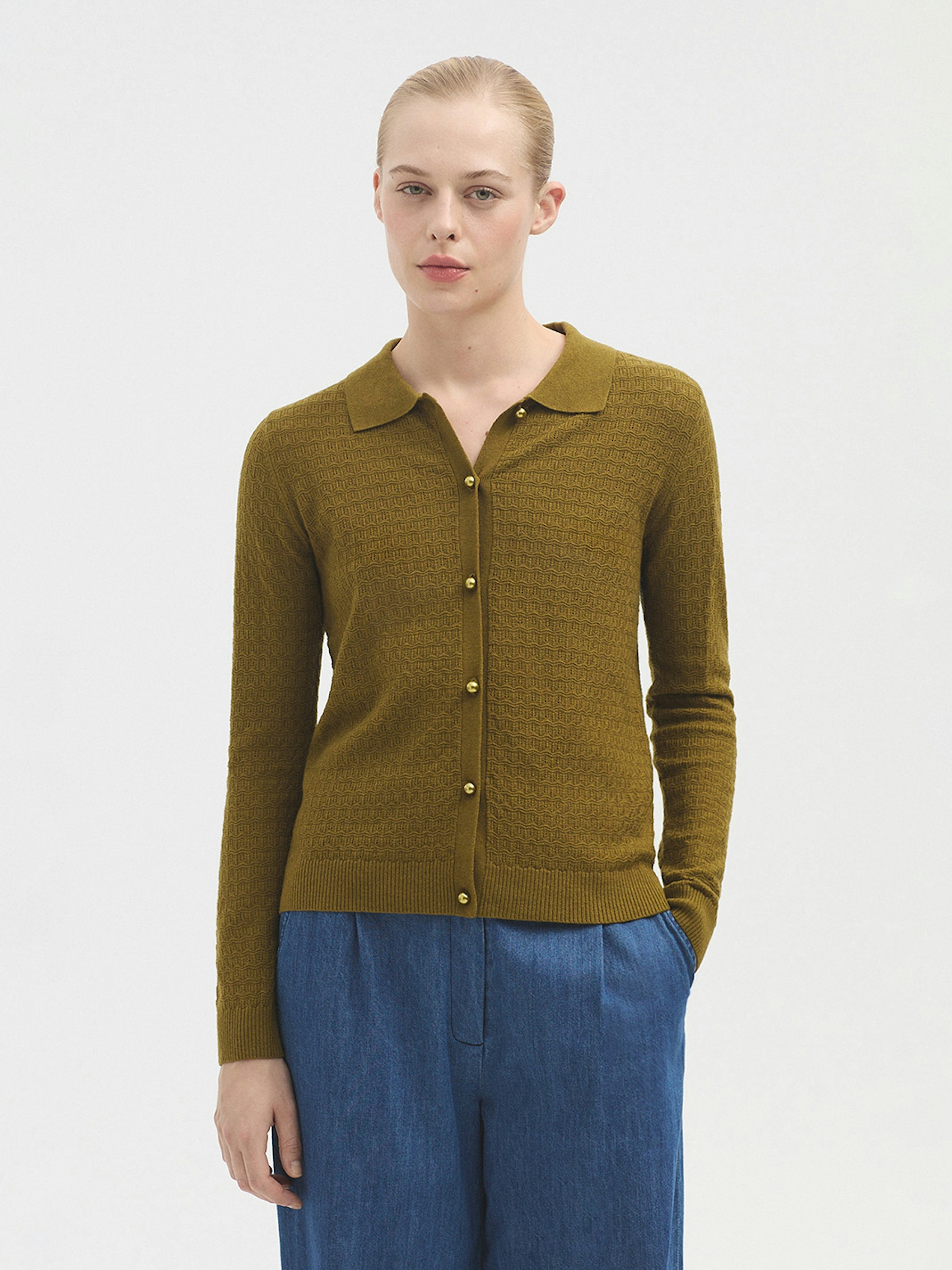 Openwork polo collar cardigan