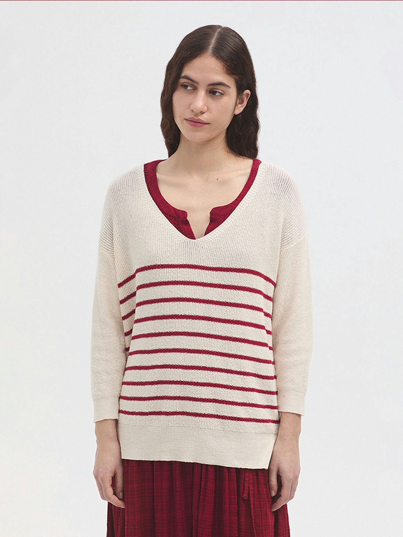 Maglione collo a V righe 1