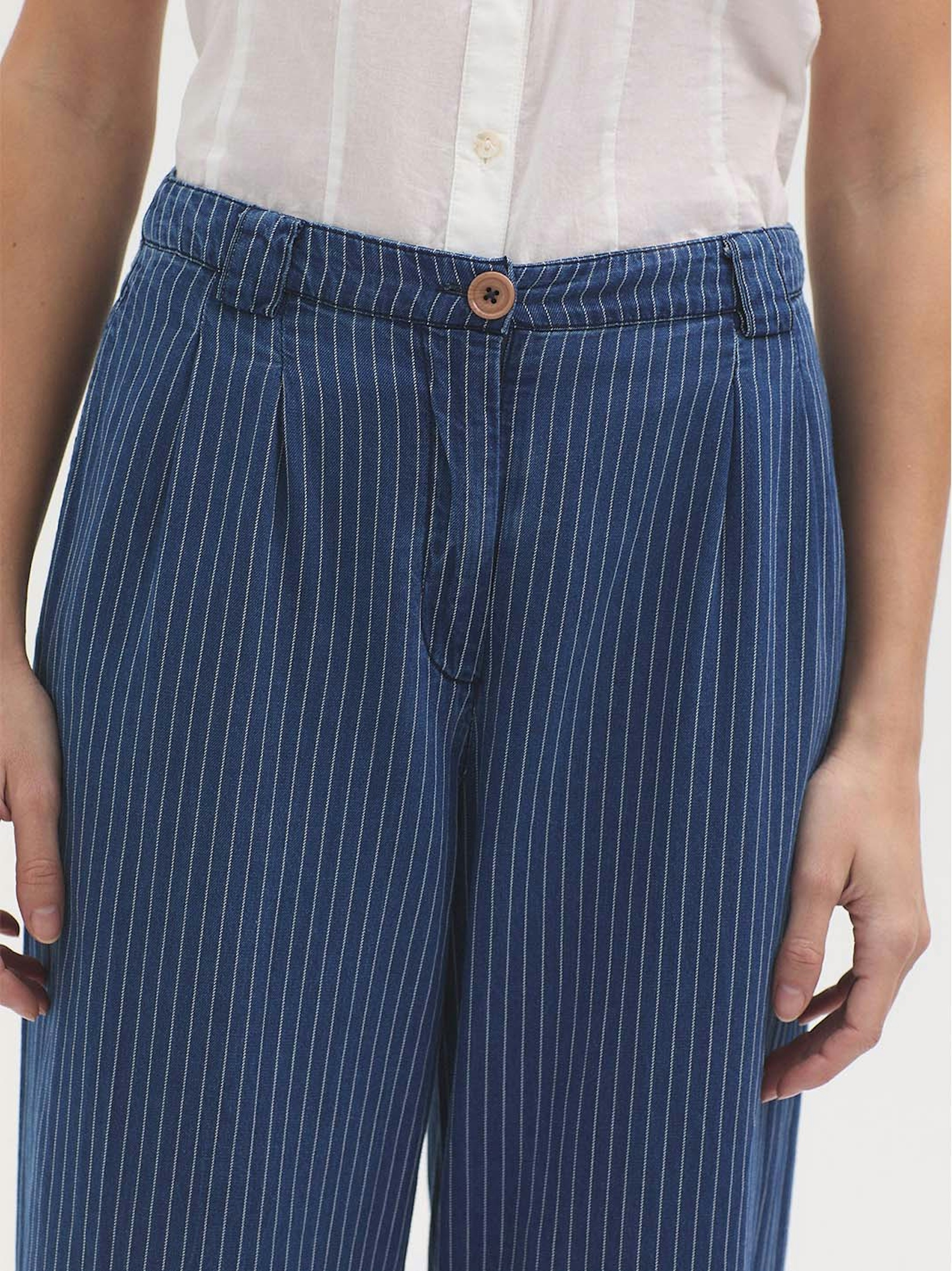 Striped darted denim trousers